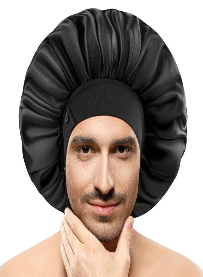 WINSTECK Silk Bonnets for Men, Satin Bonnet for Sleeping, Adjustable Hem & Double Layer, Large Sleep Bonnet for Curly Hair Braids Stay on All Night (Black) - Image 1