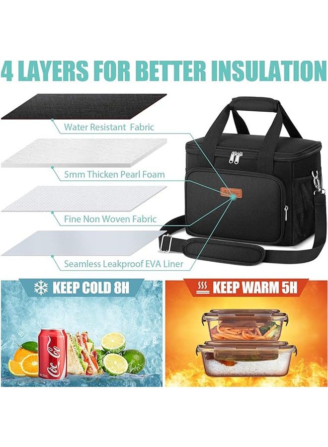 عربست حقيبة غداء معزولة للنساء/الرجال، قابلة لإعادة الاستخدام للعمل المكتبي والمدرسة والنزهات على الشاطئ، حقيبة تبريد مانعة للتسرب وقابلة للتجميد مع حزام كتف قابل للتعديل للأطفال/البالغين (كبيرة، سوداء) - Image 4