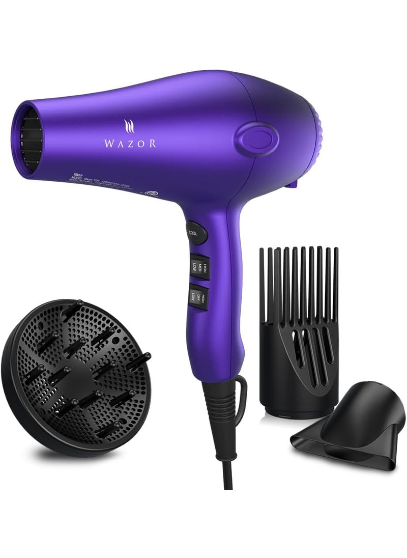 Wazor Wazor 3rd Generation Lightweight Low Noise Hair Dryer1875W Tourmaline Ceramic Negative Ionic Blow Dryer 2 Speed 3 Heat Settings Cool Shot with Diffuser ConcentratorPurple 