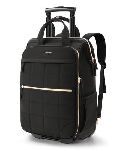 AUROTIER Rolling Puffer Backpack for Women, Wheeled Laptop Backpack, Short-Term Travel Backpack with Wheels, Roller Adults Work Computer Bag, Water Resistant Overnight College Underseat Carry on Luggage, Black - Image 1