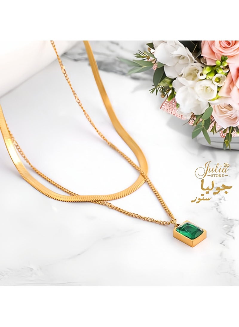 Julia Store 18k Gold Plated Stainless Steel Hypoallergic Deluxe Dainty Trendy Retro Emerald Necklace Dainty Herringbone Snake Chain Choker Necklaces - Image 1