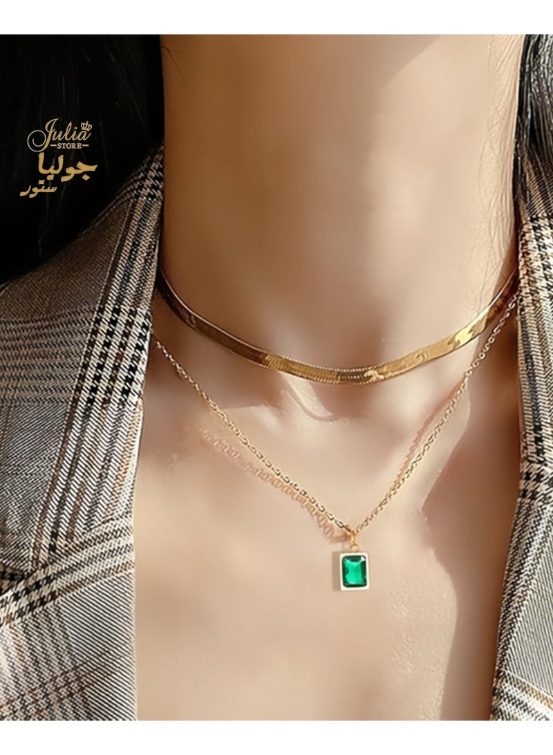 Julia Store 18k Gold Plated Stainless Steel Hypoallergic Deluxe Dainty Trendy Retro Emerald Necklace Dainty Herringbone Snake Chain Choker Necklaces - Image 2