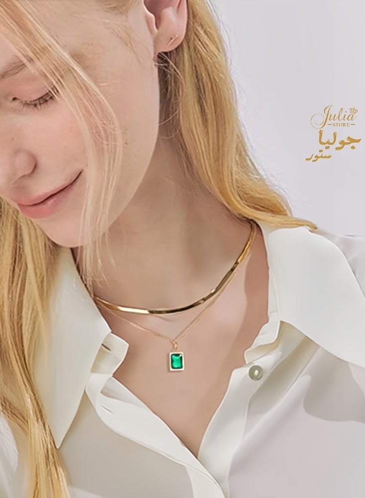 Julia Store 18k Gold Plated Stainless Steel Hypoallergic Deluxe Dainty Trendy Retro Emerald Necklace Dainty Herringbone Snake Chain Choker Necklaces - Image 3