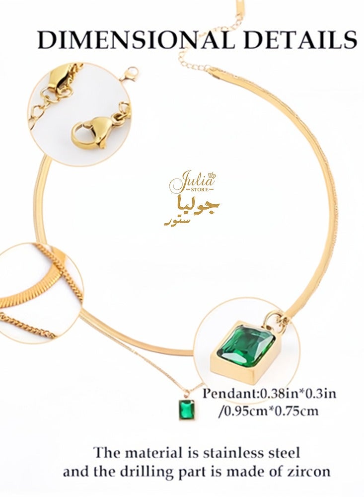 Julia Store 18k Gold Plated Stainless Steel Hypoallergic Deluxe Dainty Trendy Retro Emerald Necklace Dainty Herringbone Snake Chain Choker Necklaces - Image 5