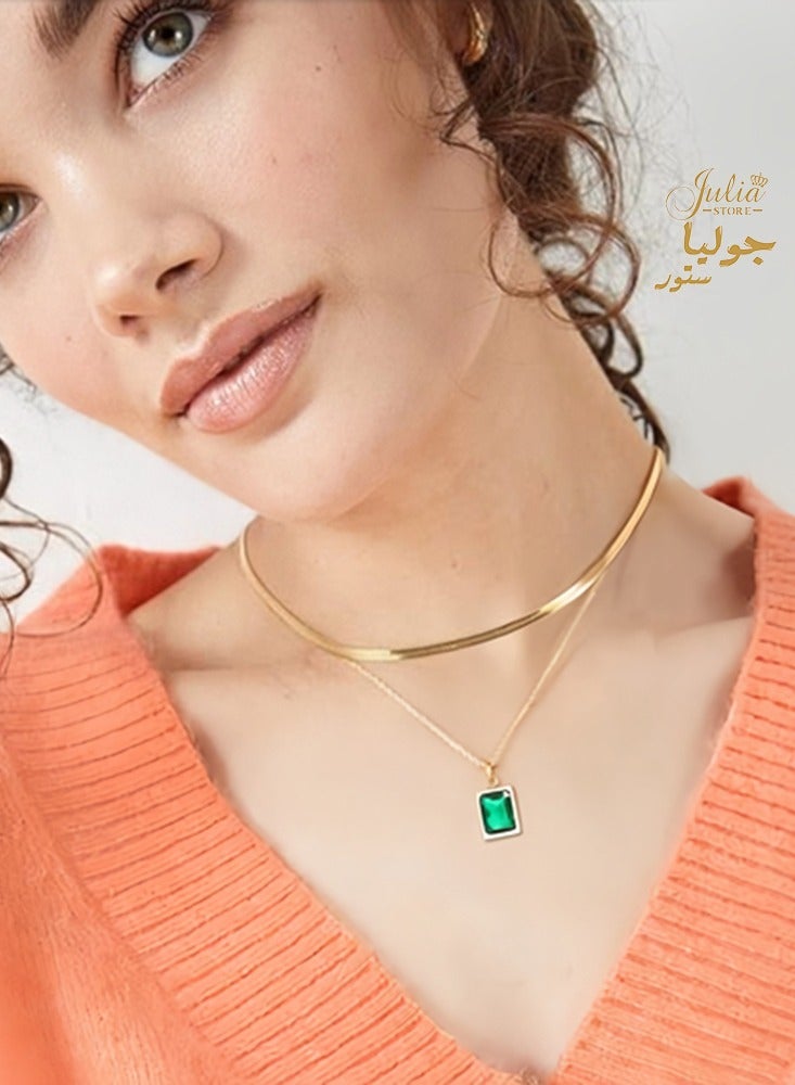 Julia Store 18k Gold Plated Stainless Steel Hypoallergic Deluxe Dainty Trendy Retro Emerald Necklace Dainty Herringbone Snake Chain Choker Necklaces - Image 4