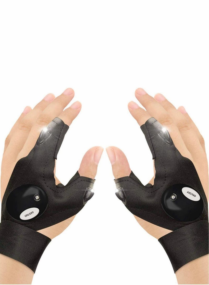 Excefore Outdoor Fishing Gloves, 2 LED Flashlight Gloves Fingerless Night Lighting Gloves, Magic Strap Thumb Index Finger Bicycle Glove for Hiking Camping Emergency Survival, 1 Pair - Image 1