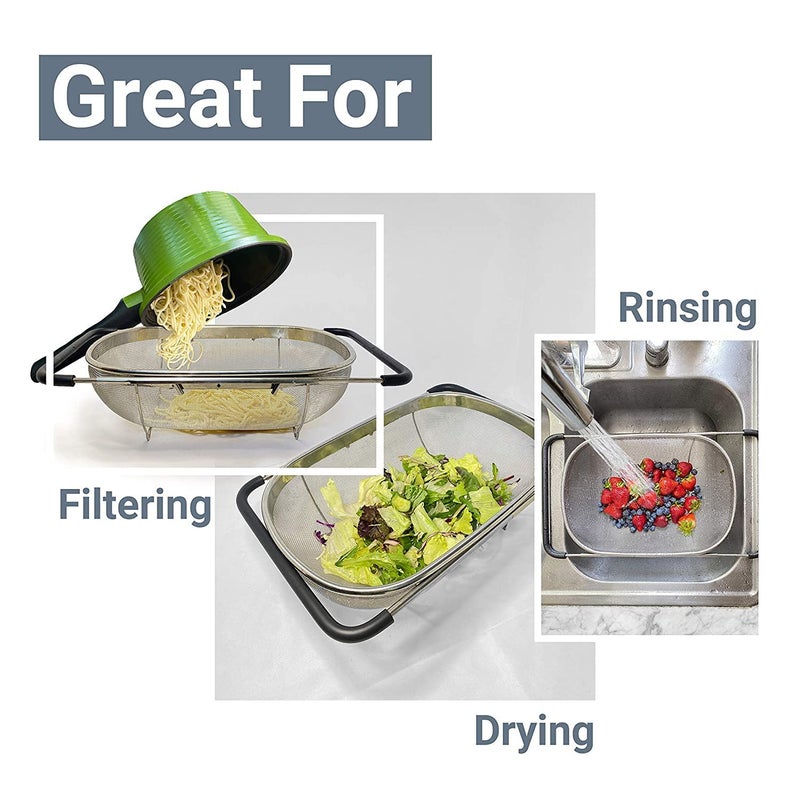 Fayby Over Sink Food Strainer Stainless Steel Kitchen Colander Fruit Vegetable Strainer Basket with Expandable Handle for Noodles Rice 1 Psc_Silver - Image 4