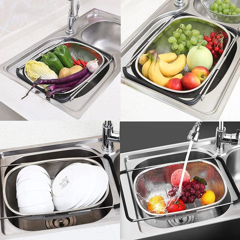 Fayby Over Sink Food Strainer Stainless Steel Kitchen Colander Fruit Vegetable Strainer Basket with Expandable Handle for Noodles Rice 1 Psc_Silver - Image 3