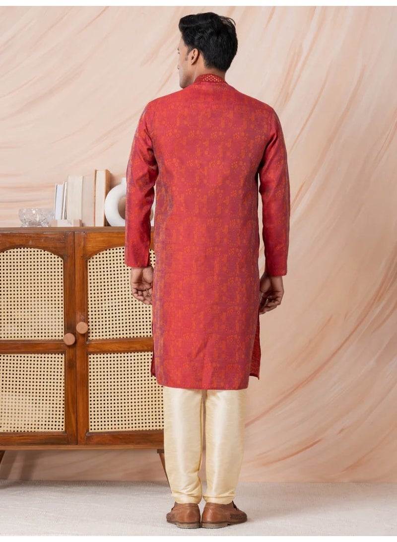 Devoiler Mens Red Self Design Jacquard Silk Kurta Set - Image 3