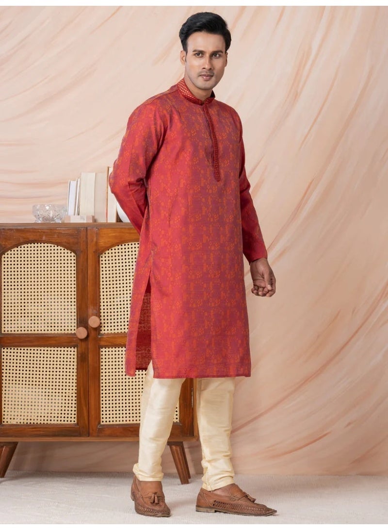 Devoiler Mens Red Self Design Jacquard Silk Kurta Set - Image 4