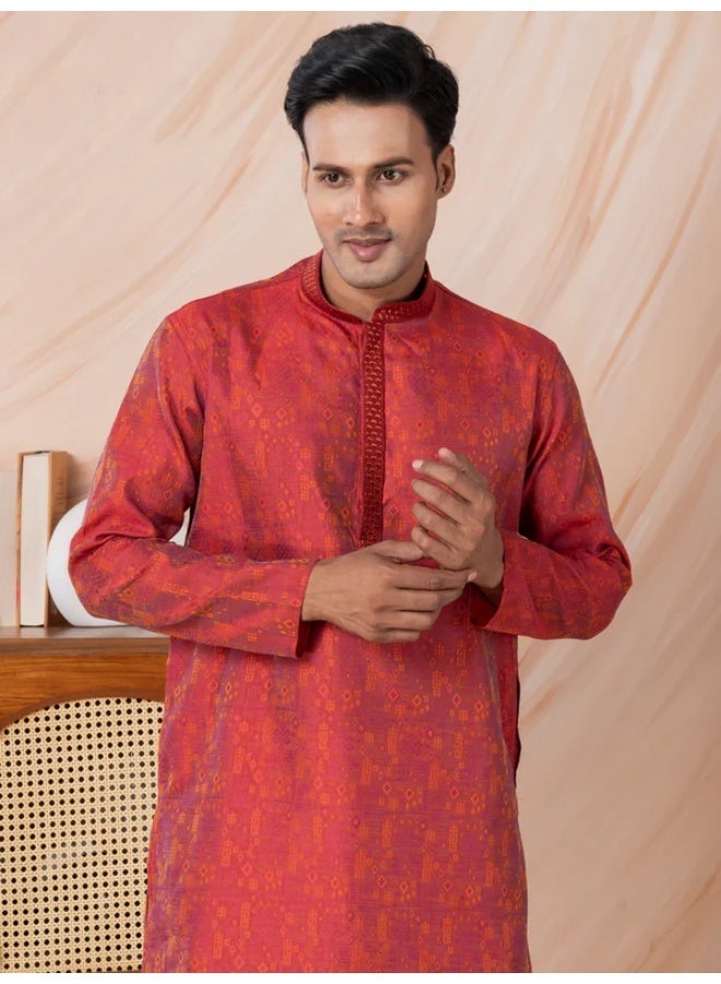 Devoiler Mens Red Self Design Jacquard Silk Kurta Set - Image 1
