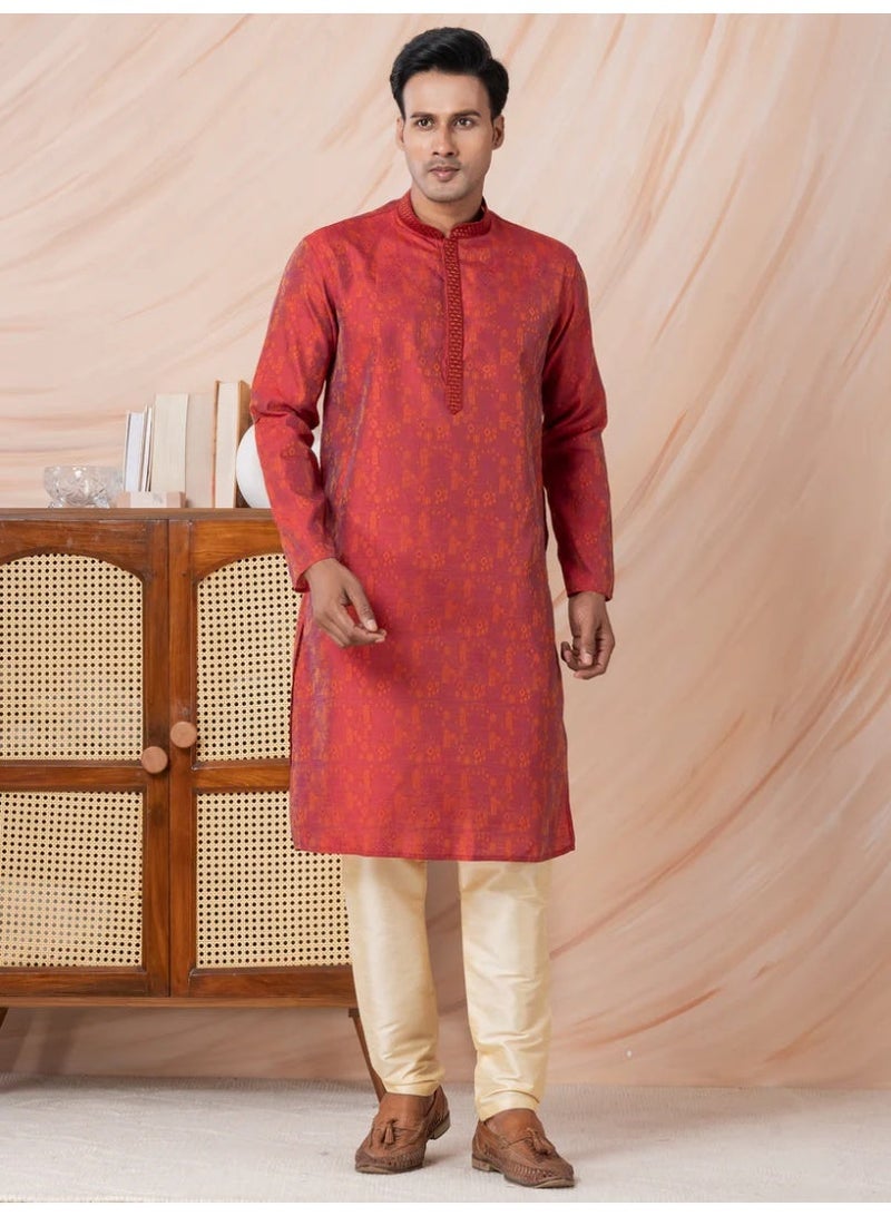 Devoiler Mens Red Self Design Jacquard Silk Kurta Set - Image 5