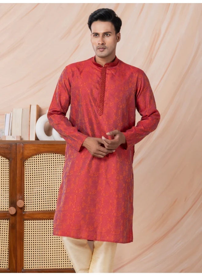 Devoiler Mens Red Self Design Jacquard Silk Kurta Set - Image 2
