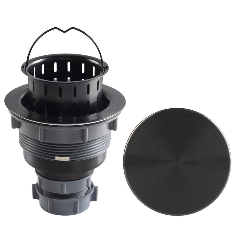 LQS Black Kitchen Sink Drain Strainer Assembly Sink Drain Assembly with Removable Deep Sink Drain Basket and Decor Flat Cover Stopper Lid 312inch Sink Drain Light Black