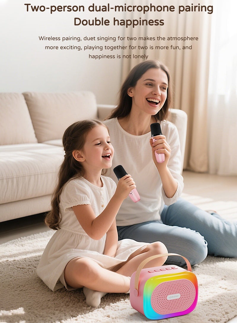 BESTIS Kids Mini Karaoke Machine for Adults, Portable Bluetooth Speaker with 2 Wireless Microphone and Colorful Lights, Ramadan Birthday Gifts for Girls Boys Family Home Party - Pink - Image 2