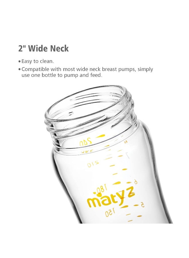 Matyz Glass Breastmilk Baby Feeding Bottle with Nipple, 4 Pack, 8 oz Slim and Light Bottle Easy to Hold, Food Grade Borosilicate Glass, Wide Neck Easy to Clean, No BPA (Blue Lids) - Image 5