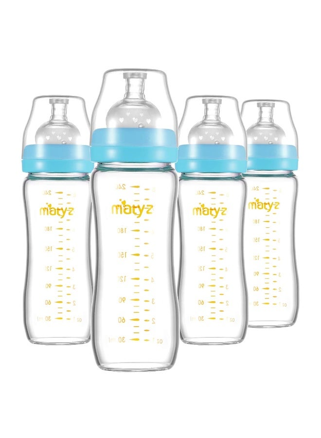 Matyz Glass Breastmilk Baby Feeding Bottle with Nipple, 4 Pack, 8 oz Slim and Light Bottle Easy to Hold, Food Grade Borosilicate Glass, Wide Neck Easy to Clean, No BPA (Blue Lids) - Image 1