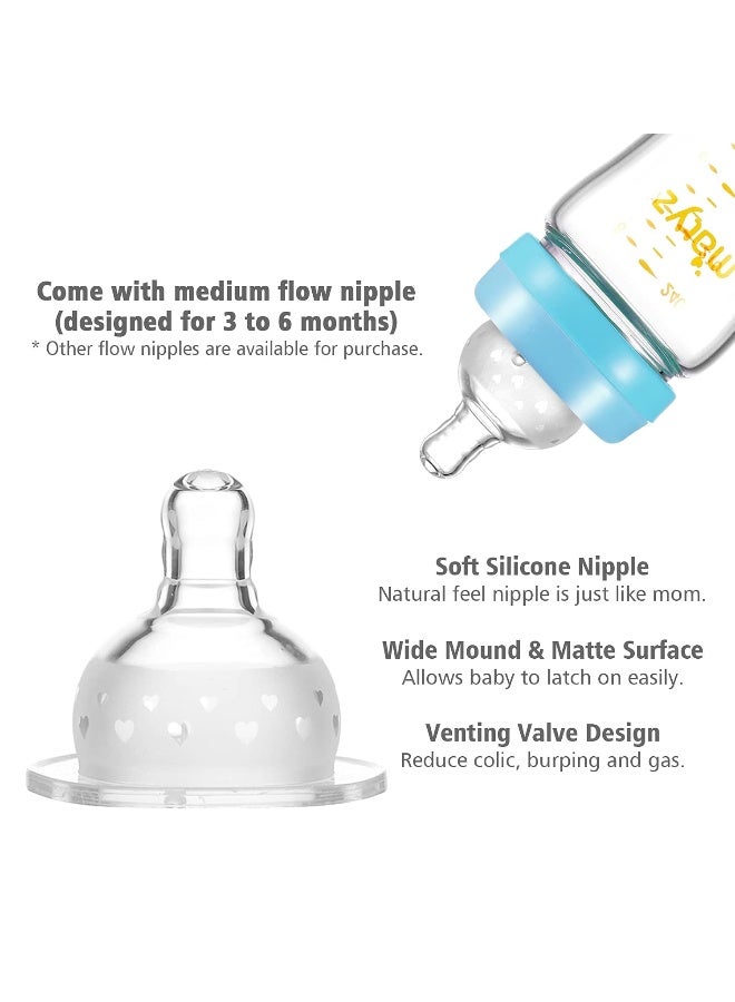 Matyz Glass Breastmilk Baby Feeding Bottle with Nipple, 4 Pack, 8 oz Slim and Light Bottle Easy to Hold, Food Grade Borosilicate Glass, Wide Neck Easy to Clean, No BPA (Blue Lids) - Image 4