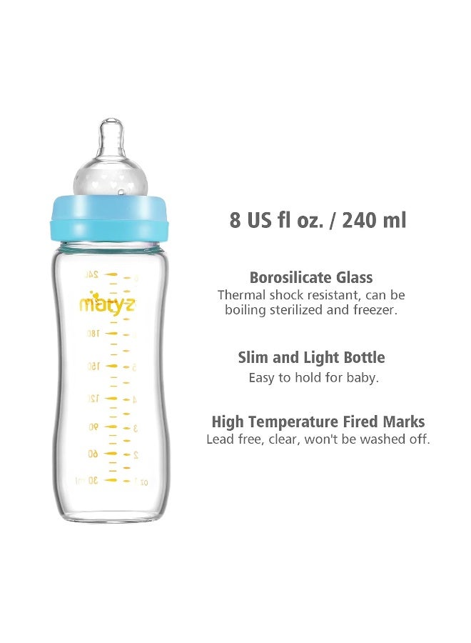 Matyz Glass Breastmilk Baby Feeding Bottle with Nipple, 4 Pack, 8 oz Slim and Light Bottle Easy to Hold, Food Grade Borosilicate Glass, Wide Neck Easy to Clean, No BPA (Blue Lids) - Image 3