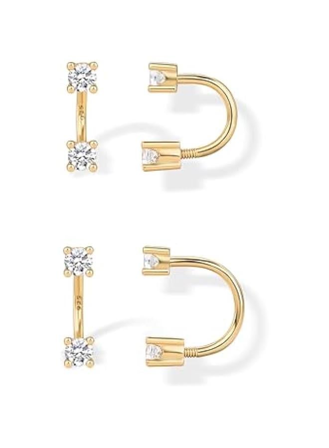 PAVOI 14K Gold Plated Sterling Silver Posts Double Half Huggie Earring Jacket Pack for Women - Gold Statement Loop Hoop Earring Set - Heart Ball Cubic Zirconia Screwback Studs - Image 1