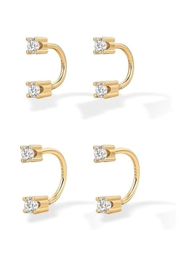 PAVOI 14K Gold Plated Sterling Silver Posts Double Half Huggie Earring Jacket Pack for Women - Gold Statement Loop Hoop Earring Set - Heart Ball Cubic Zirconia Screwback Studs - Image 3