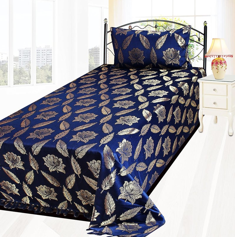 Milan 95TC Polycotton Single Bedsheet with Pillow Cover FloralBlue and Gold - Image 2