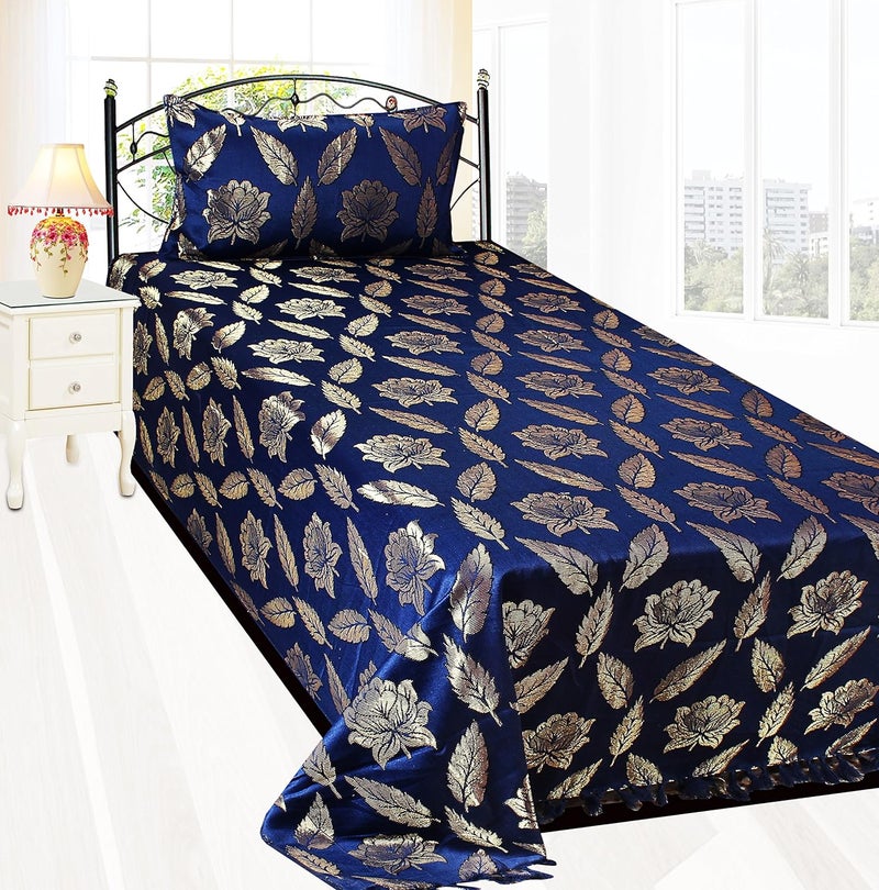 Milan 95TC Polycotton Single Bedsheet with Pillow Cover FloralBlue and Gold - Image 1