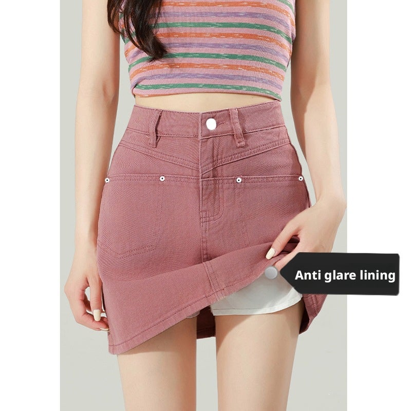 College Style Versatile Anti-Exposure A-Line Denim Mini Skirt High Waist - Image 5