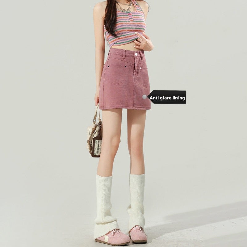 College Style Versatile Anti-Exposure A-Line Denim Mini Skirt High Waist - Image 3