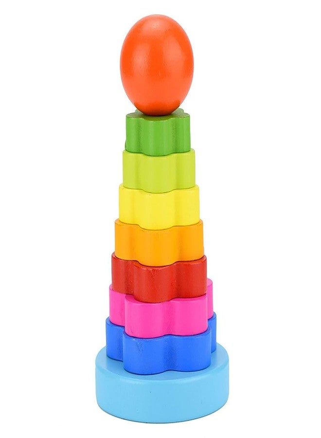 Smoneo Montessori Wooden Flower Rainbow Rings Tower; Shape Recognition, Sorting, Stacking and Plugging; Stacker Building Educational Learning Toy Game for 3 Years and Above Toddler Kids - Image 1
