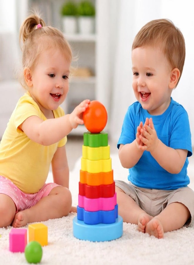 Smoneo Montessori Wooden Flower Rainbow Rings Tower; Shape Recognition, Sorting, Stacking and Plugging; Stacker Building Educational Learning Toy Game for 3 Years and Above Toddler Kids - Image 3