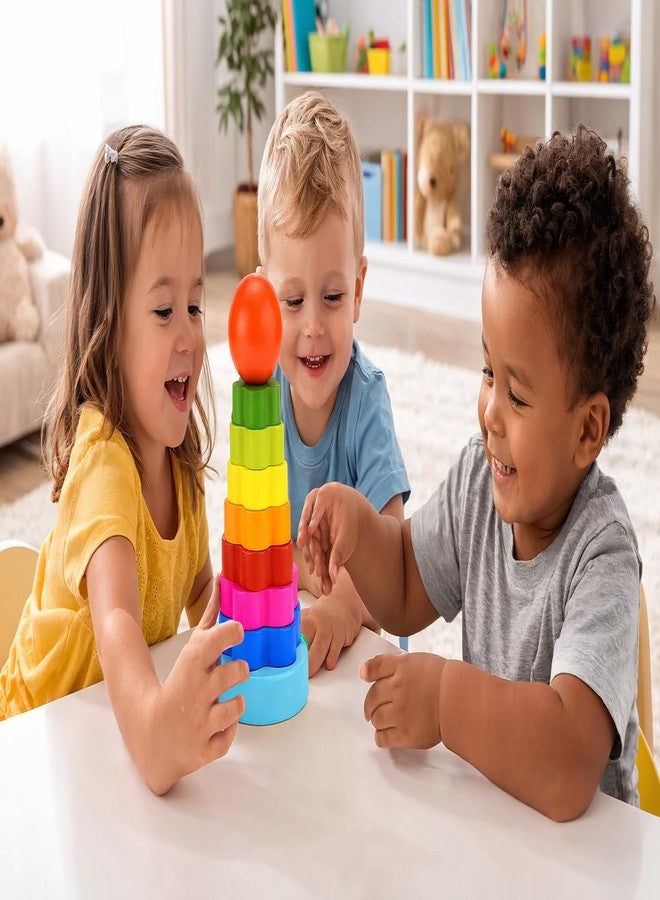 Smoneo Montessori Wooden Flower Rainbow Rings Tower; Shape Recognition, Sorting, Stacking and Plugging; Stacker Building Educational Learning Toy Game for 3 Years and Above Toddler Kids - Image 2