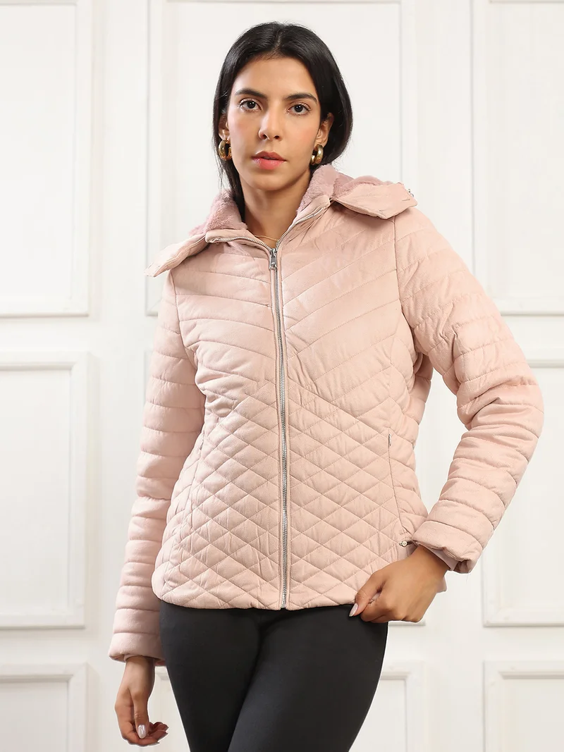 Globus Women Pink Mock Neck Front Zip Winter Wear Insulator Puffer Jacket With Detachable Soft Functional Hood