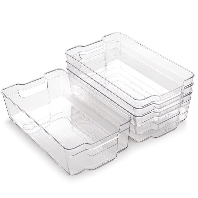 STACKABLE STORAGE BINS XLARGE 4 PACK THE STACKER COLLECTION CLEAR PLASTIC STORAGE BINS ORGANIZATION CONTAINERS FOR PANTRY FRIDGE MULTIUSE ORGANIZER BIN BPAFREE