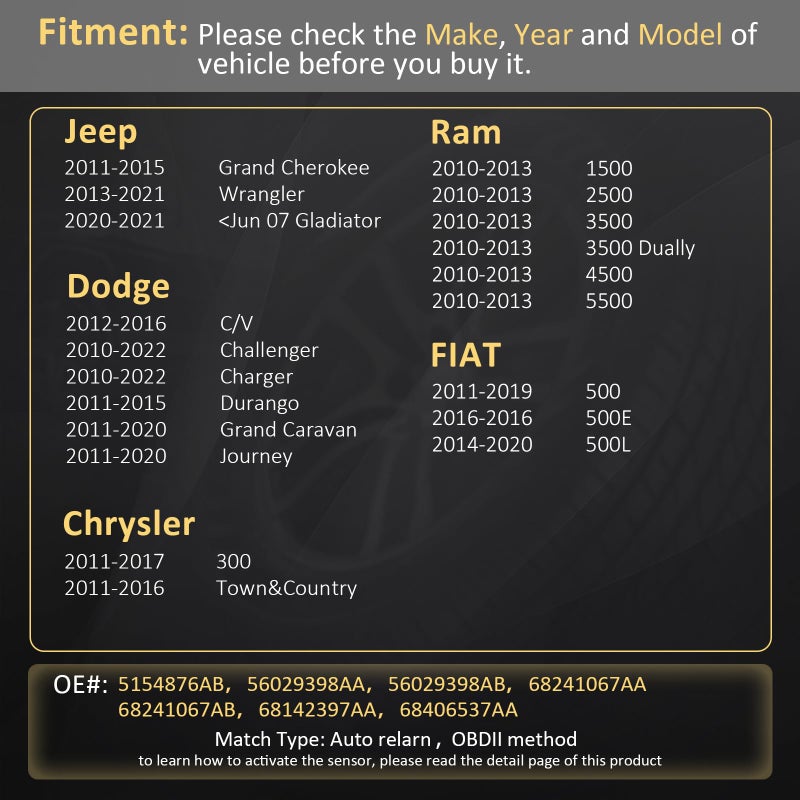 Marsflex حساس TPMS من Marsflex متوافق مع جيب جراند شيروكي دودج رام 1500 كرايسلر فيات، نظام مراقبة ضغط الإطارات يستبدل# 56029398AA، 56029398AB، 68241067AA، 68241067AB 433MHz - Image 2