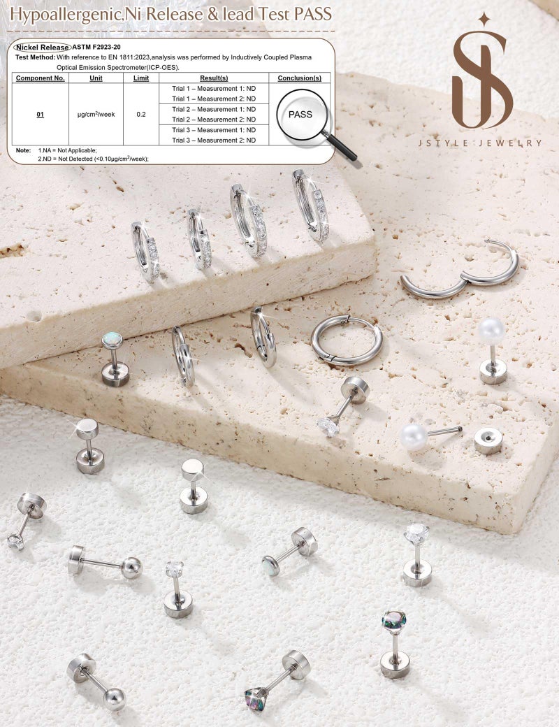 Jstyle Hypoallergenic Silver Stud Hoop Earrings for Women Small Flat Back Surgical Stainless Steel Earrings for Sensitive Ears Trendy Silver Hoops Cartilage Earring Stack Set Multiple Piercing Jewelry - Image 3