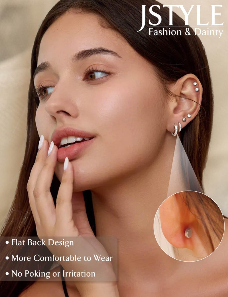 Jstyle Hypoallergenic Silver Stud Hoop Earrings for Women Small Flat Back Surgical Stainless Steel Earrings for Sensitive Ears Trendy Silver Hoops Cartilage Earring Stack Set Multiple Piercing Jewelry - Image 2