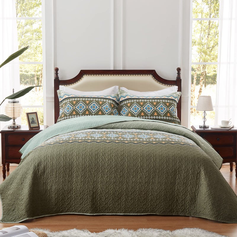 LEAONME Quilt Set Full/Queen Size 3 Piece Bedspread Coverlet Lightweight Comforter Microfiber Bedding Set for All Season Oversized 90x98 Inch Bed Cover Bohemian Olive Green(1 Quilt,2 Pillow Shams) - Image 2