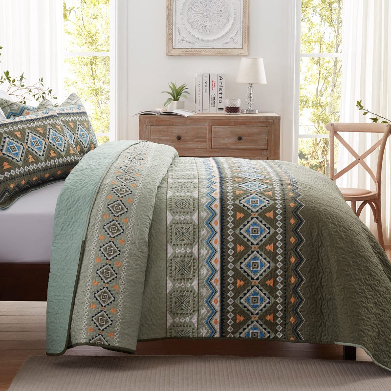 LEAONME Quilt Set Full/Queen Size 3 Piece Bedspread Coverlet Lightweight Comforter Microfiber Bedding Set for All Season Oversized 90x98 Inch Bed Cover Bohemian Olive Green(1 Quilt,2 Pillow Shams) - Image 3