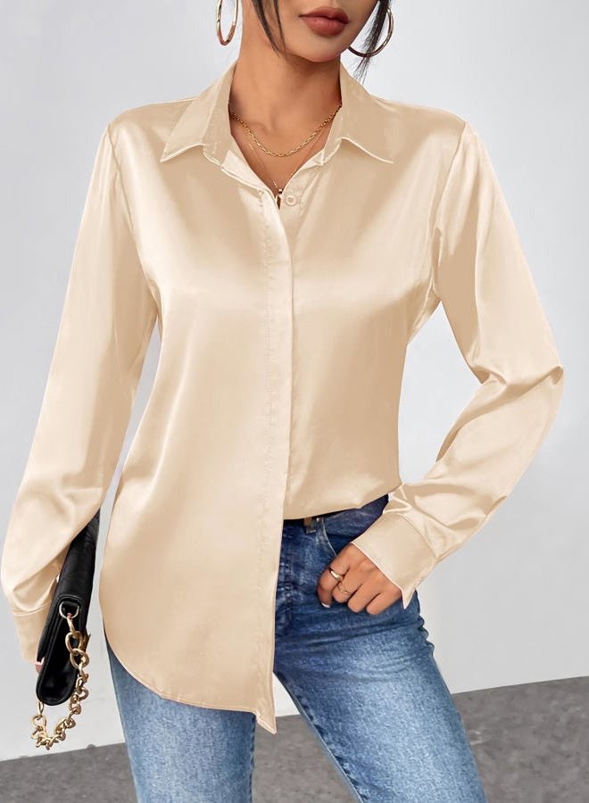 zeagoo Satin Blouses for Women Casual Long Sleeve Button Down Silk Shirts Dressy Business Work Tunic Top, Light Khaki, XL - Image 3