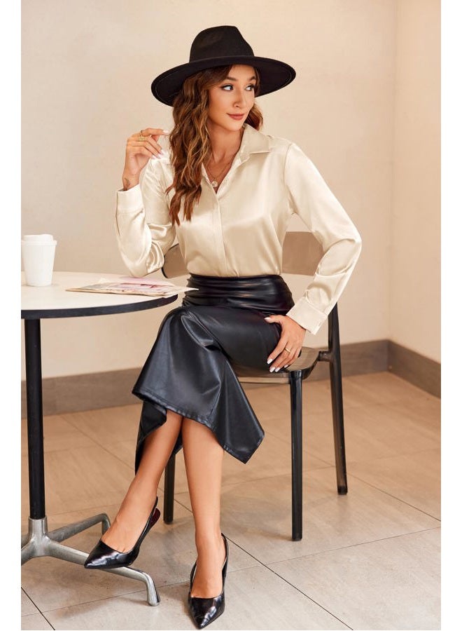 zeagoo Satin Blouses for Women Casual Long Sleeve Button Down Silk Shirts Dressy Business Work Tunic Top, Light Khaki, XL - Image 4