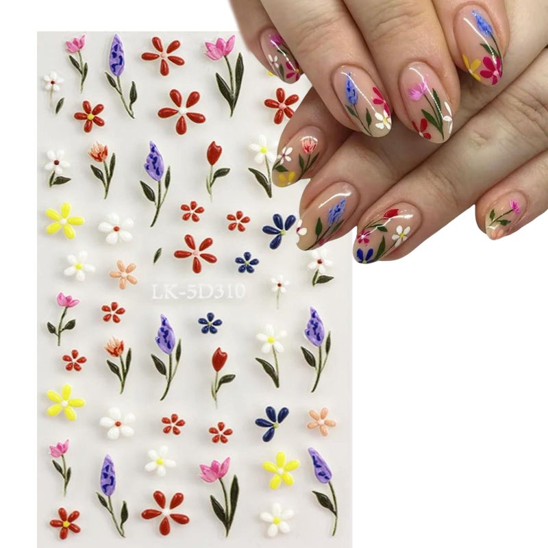 SEMATA Flower Nail Art Stickers Decals 5D Embossed Flower Nail Decals Self Adhesive Spring Summer Daisy Lavender Nails Design Supplies 3D Nails Decoration for Women - Image 2