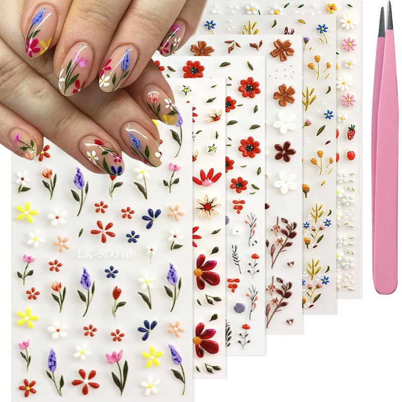 SEMATA Flower Nail Art Stickers Decals 5D Embossed Flower Nail Decals Self Adhesive Spring Summer Daisy Lavender Nails Design Supplies 3D Nails Decoration for Women - Image 1