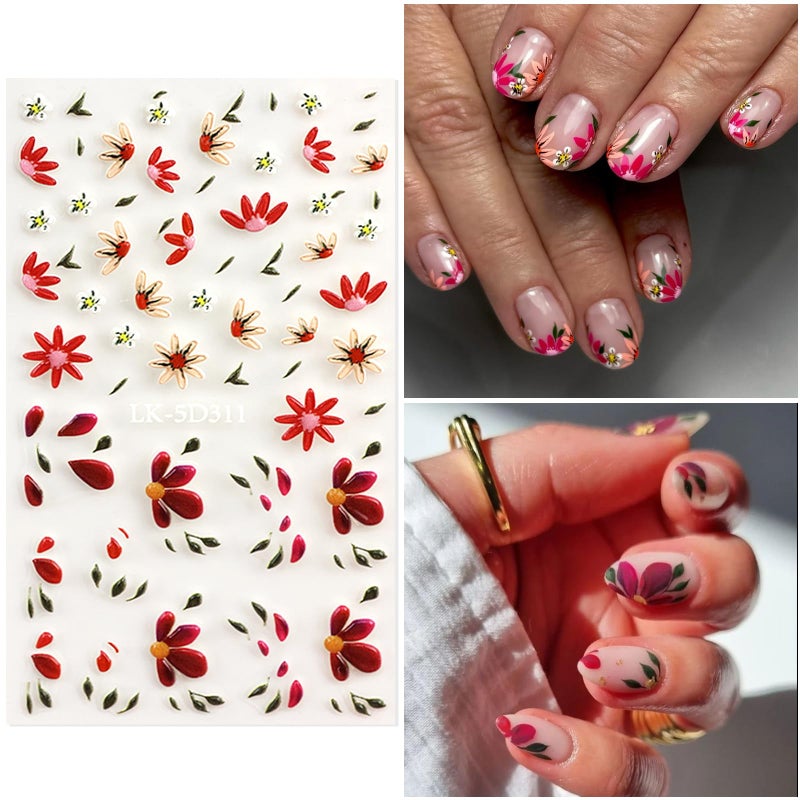 SEMATA Flower Nail Art Stickers Decals 5D Embossed Flower Nail Decals Self Adhesive Spring Summer Daisy Lavender Nails Design Supplies 3D Nails Decoration for Women - Image 3