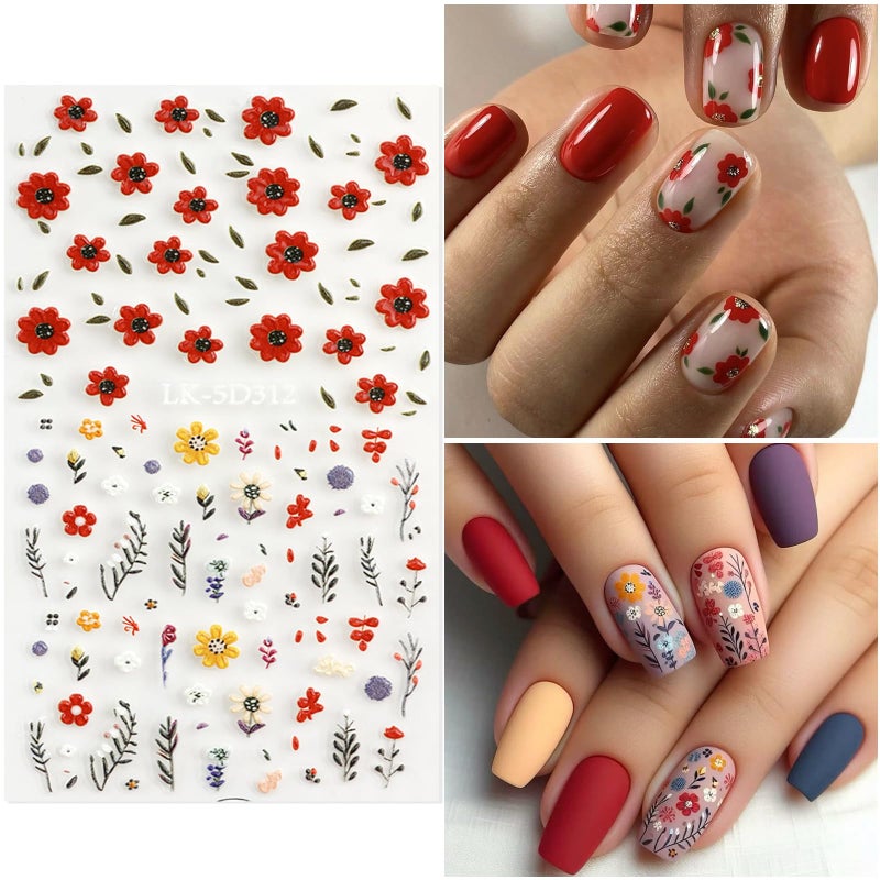 SEMATA Flower Nail Art Stickers Decals 5D Embossed Flower Nail Decals Self Adhesive Spring Summer Daisy Lavender Nails Design Supplies 3D Nails Decoration for Women - Image 4