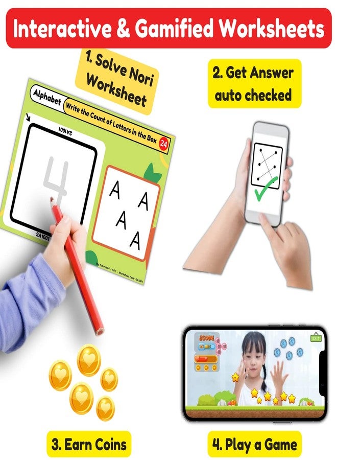 Nori Pre K - Mega Bundle of Alphabet, Numbers, Colors & Shapes - Interactive Workbooks for Ages 3,4 Years Kids. 6 Smart Nori Books, 300 Gamified Preschool Learning Activities Works with iPhone & Ipad - Image 3
