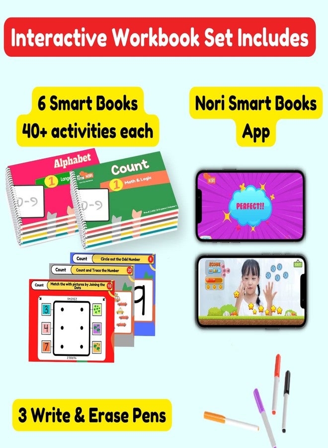 Nori Pre K - Mega Bundle of Alphabet, Numbers, Colors & Shapes - Interactive Workbooks for Ages 3,4 Years Kids. 6 Smart Nori Books, 300 Gamified Preschool Learning Activities Works with iPhone & Ipad - Image 4