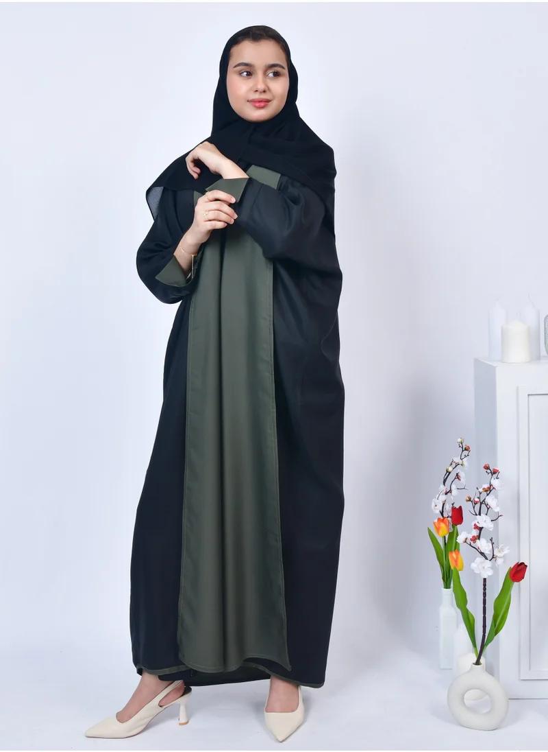 HAWRAA ABAYA Girls' quarter-bisht double-faced abaya with summer fabric in black and olive green
