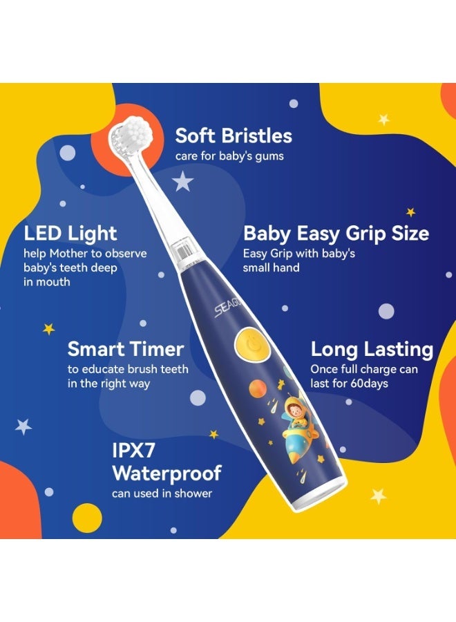 سيجو فرشاة أسنان كهربائية للأطفال من سيجو، فرشاة أسنان كهربائية للأطفال الصغار مع إضاءة ملونة، 8 رؤوس فرشاة أسنان ناعمة، ملصقات حيوانات لطيفة، شحن كامل لمدة 60 يومًا، للأطفال من الأولاد والبنات، SG-2159 (أزرق) - Image 2