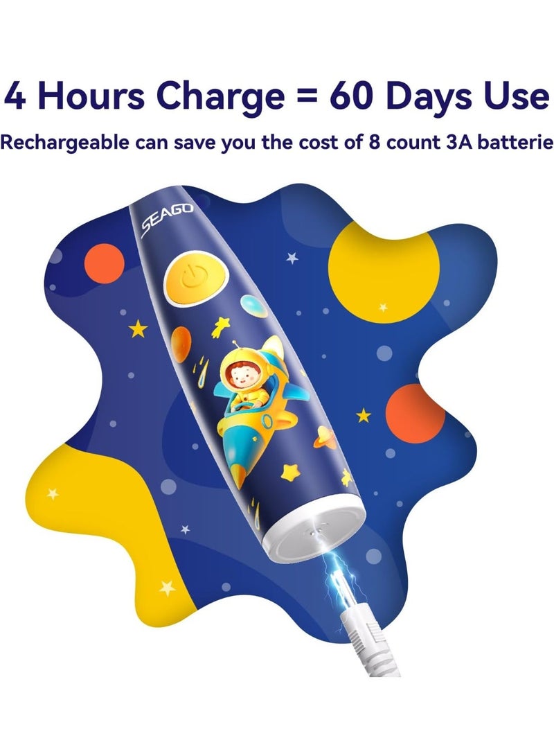 سيجو فرشاة أسنان كهربائية للأطفال من سيجو، فرشاة أسنان كهربائية للأطفال الصغار مع إضاءة ملونة، 8 رؤوس فرشاة أسنان ناعمة، ملصقات حيوانات لطيفة، شحن كامل لمدة 60 يومًا، للأطفال من الأولاد والبنات، SG-2159 (أزرق) - Image 3